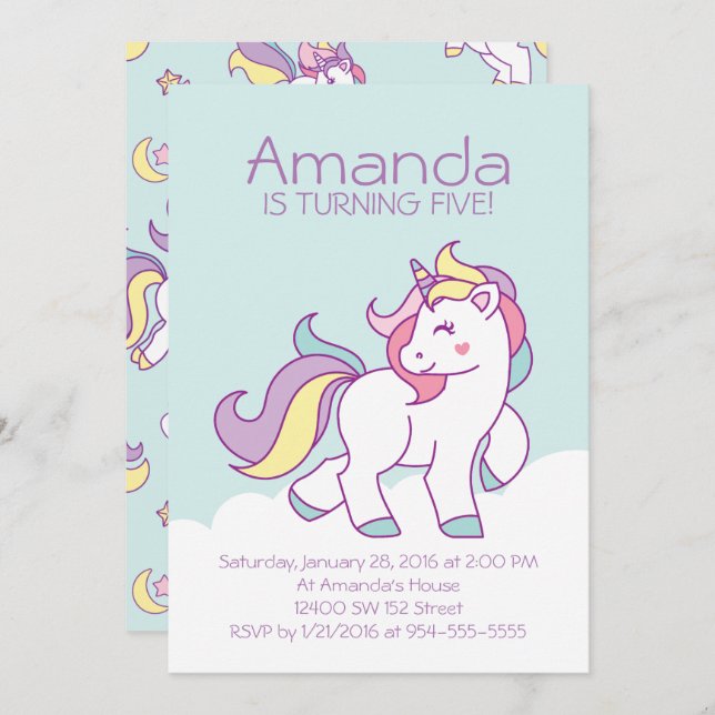 Niedliche magische Einhornpastel GIRLY Tiere Gebur Einladung (Vorne/Hinten)