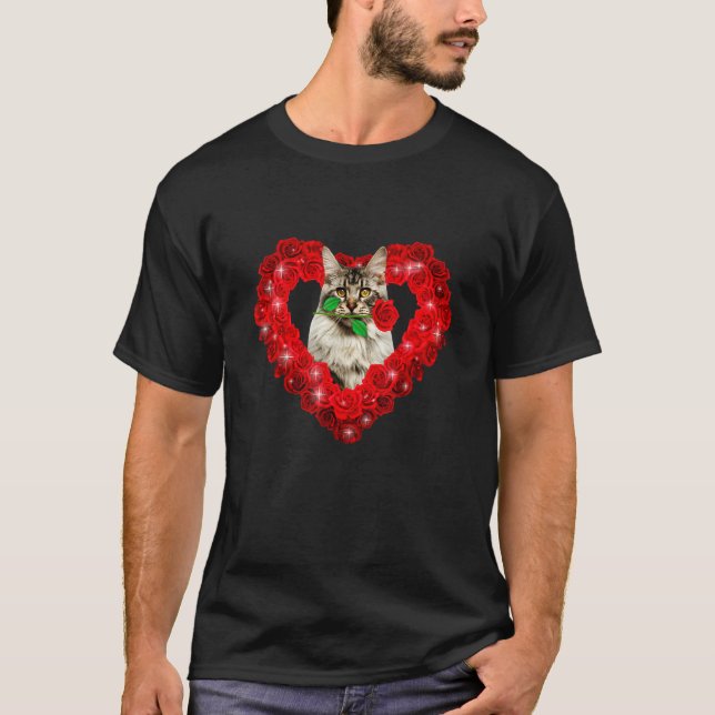 Niedliche Maine Coon Cat Herz Blume Valentine S Da T-Shirt (Vorderseite)