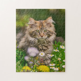 Niedliche Maine-Waschbär-Kätzchen-Katzen-Blumen - Puzzle