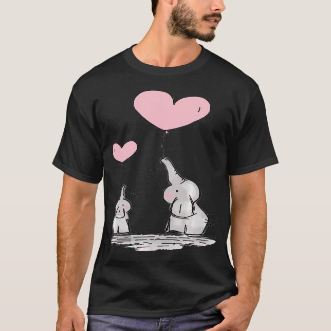 Niedliche Mama Baby Elephant Pink Heart Balloons T-Shirt (Vorderseite)