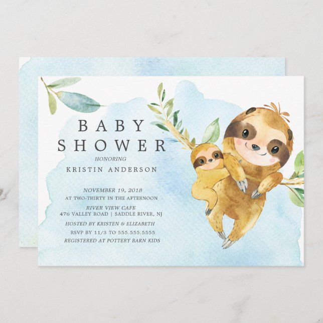 Niedliche Mama mit Baby Sloth Baby Dusche Einladung (Vorne/Hinten)