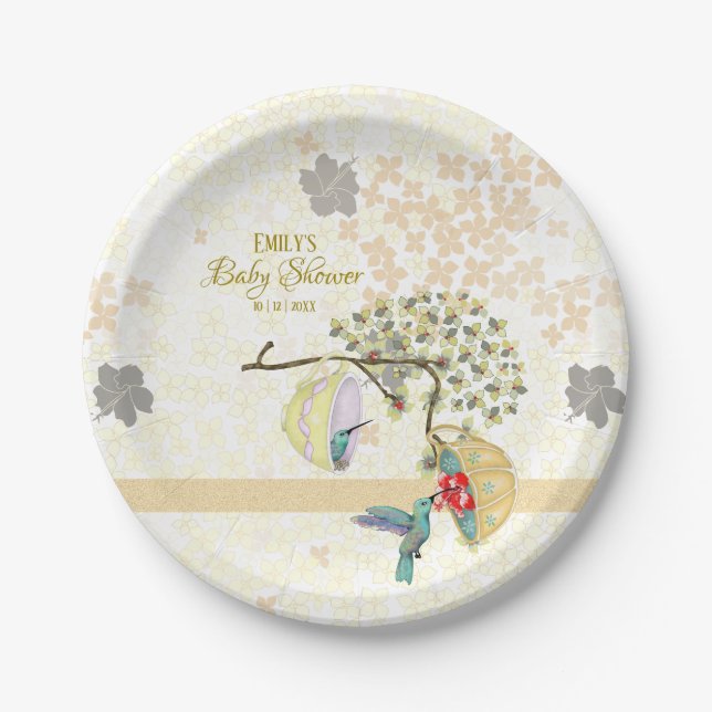 Niedliche Mama und Baby Floral Hummingbird Pappteller (Vorderseite)