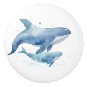 Niedliche Mama und Baby Whale Wasserfarbenmeer Keramikknauf