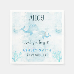 Niedliche Mama und Babywal Ahoy Junge Babydusche Serviette