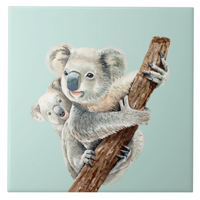 Niedliche Mama und Babywasserfarbe Koala auf hellg Fliese (Vorderseite)