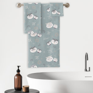 Niedliche Mama und Son Owl Muster Blau-Grau Badhandtuch Set