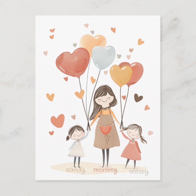 Niedliche Mami mit zwei Kindern und Balloons Postkarte (Vorderseite)