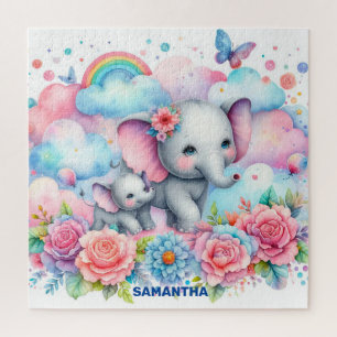 Niedliche Mami und ihr Baby Elefant Regenbogenfede Puzzle
