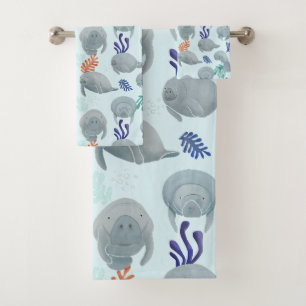 Niedliche Manateure mit Blasen-Muster - hellblau Badhandtuch Set