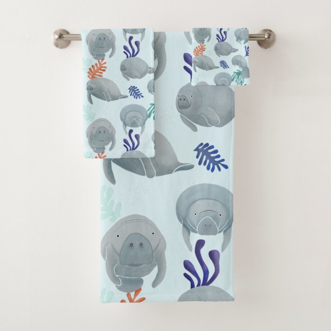 Niedliche Manateure mit Blasen-Muster - hellblau Badhandtuch Set (Insitu)