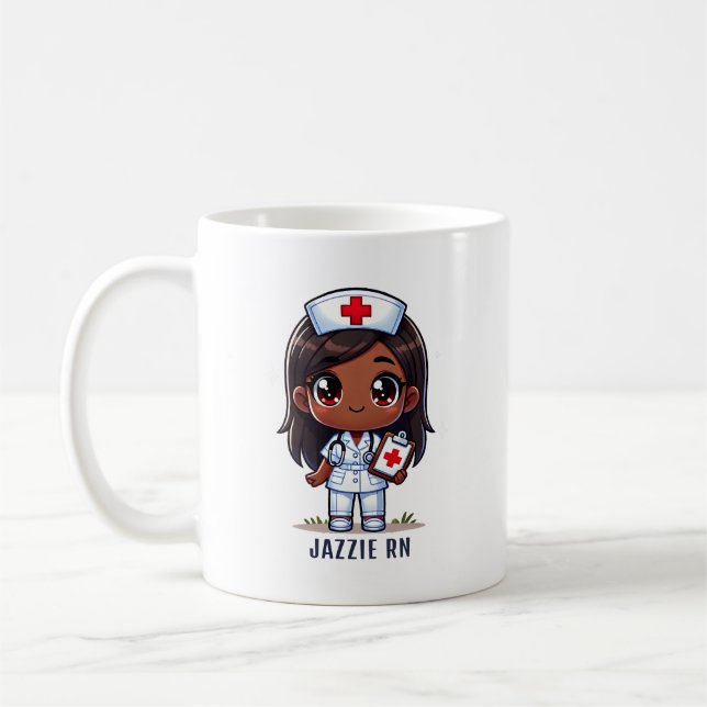 Niedliche Manga Black Nurse Brown Hair und Augen C Kaffeetasse (Links)