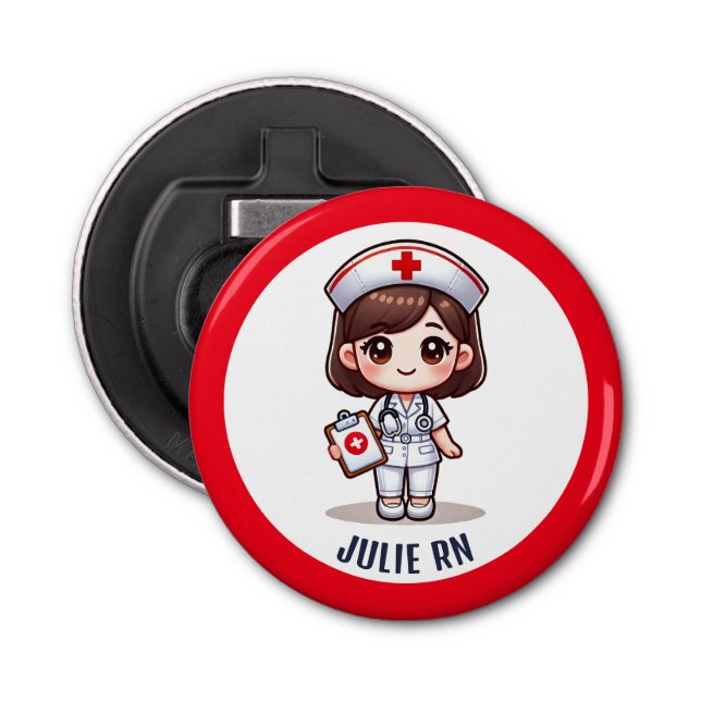 Niedliche Manga Brünette Krankenkrankheit Personal Flaschenöffner (Vorderseite)