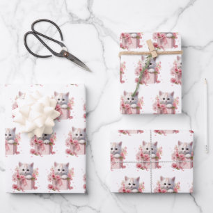 Niedliche Manga Kitten Musterschablonen Geschenkpapier Set