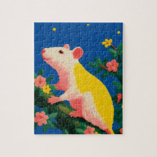 Niedliche Maus auf blühendem Ast mit Glühwürmchen Puzzle