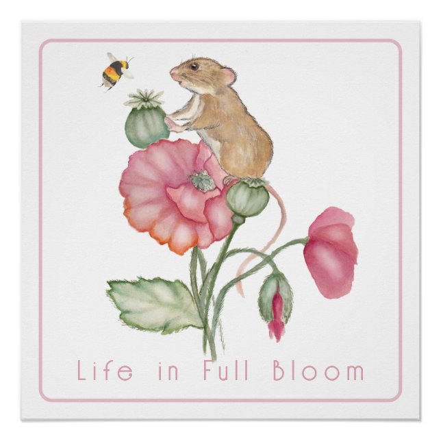 Niedliche Maus blühen auf Mohn Poster (Vorderseite)