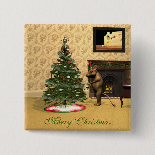 Niedliche Maus dekorieren einen Weihnachtsbaum Button