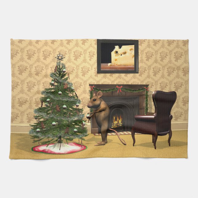 Niedliche Maus dekorieren einen Weihnachtsbaum Küchentuch (Horizontal)