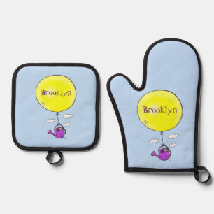 Niedliche Maus in der Gießkanne mit Ballon Cartoon Ofenhandschuh & Topflappen-Set
