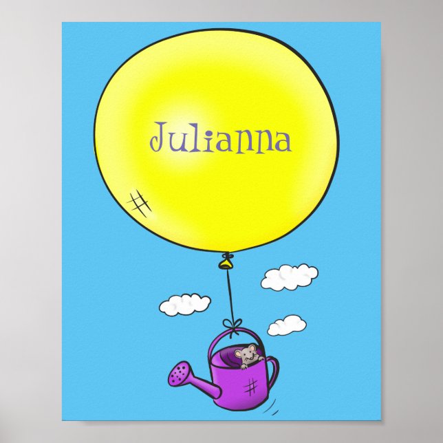 Niedliche Maus in der Gießkanne mit Ballon Cartoon Poster (Vorne)