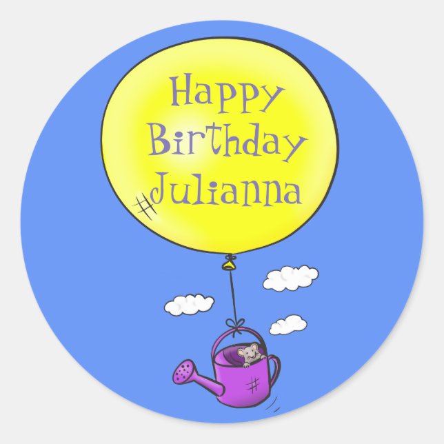 Niedliche Maus in der Gießkanne mit Ballon Cartoon Runder Aufkleber (Vorderseite)