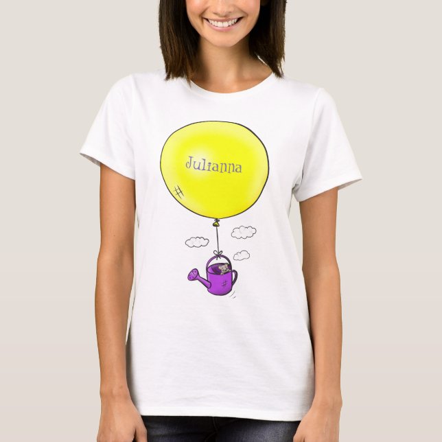 Niedliche Maus in der Gießkanne mit Ballon Cartoon T-Shirt (Vorderseite)