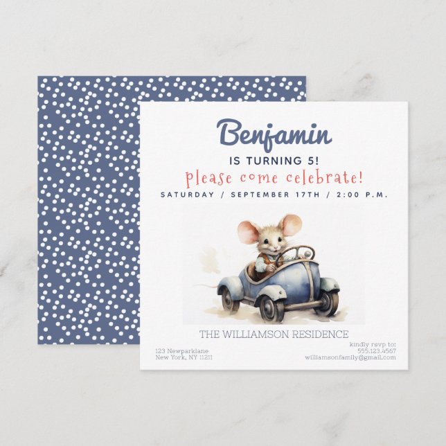 Niedliche Maus in einem Auto Kindergeburtstag Part Einladung (Vorne/Hinten)