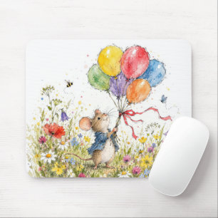 Niedliche Maus mit Ballons in Wildblumen Mousepad