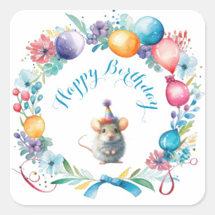 Niedliche Maus mit einem Party-Hutsticker Quadratischer Aufkleber