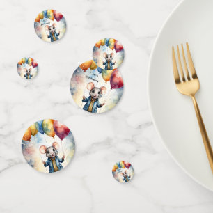 Niedliche Maus mit farbigen Ballons, personalisier Konfetti