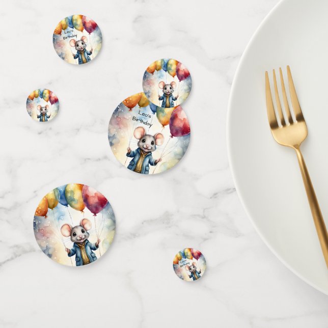 Niedliche Maus mit farbigen Ballons, personalisier Konfetti (Gruppe)