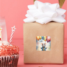 Niedliche Maus mit farbigen Ballons, personalisier Quadratischer Aufkleber