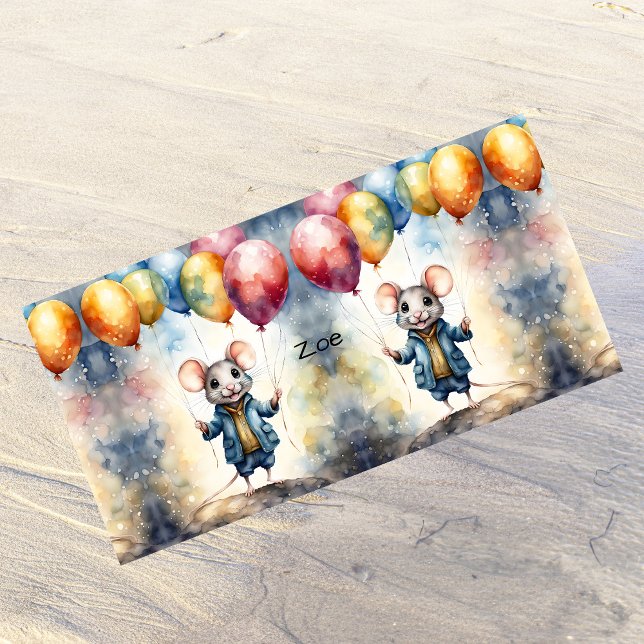 Niedliche Maus mit farbigen Ballons, personalisier Strandtuch (Von Creator hochgeladen)