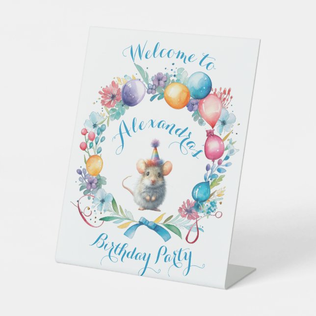 Niedliche Maus mit Party-Hut Sockelschild (Vorderseite)