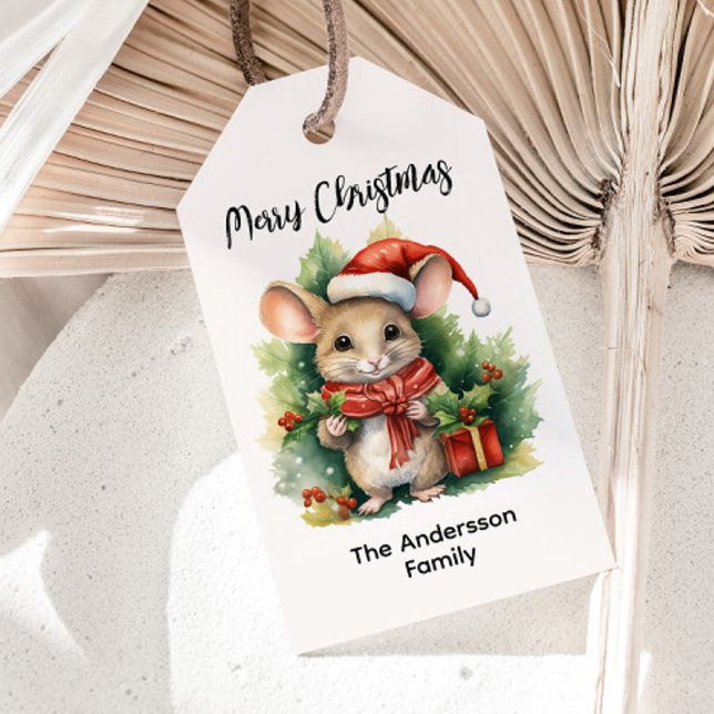 Niedliche Maus Red Weihnachtsmannmütze Weihnachtsn Geschenkanhänger (Cute Christmas mouse custom gift tag)