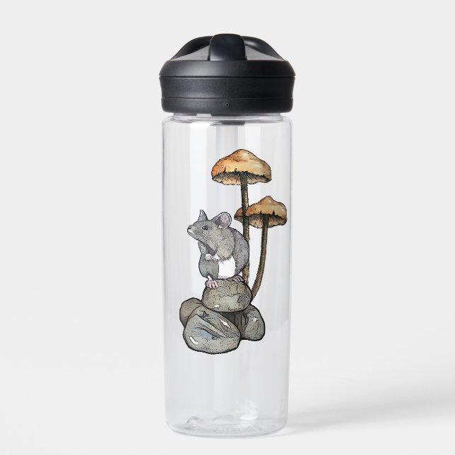 Niedliche Maus steht auf Felsen, mit Pilzen Trinkflasche (Vorderseite)