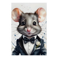 Niedliche Maus Wasserfarbe Tuxedo Schwarzer Bow Kr