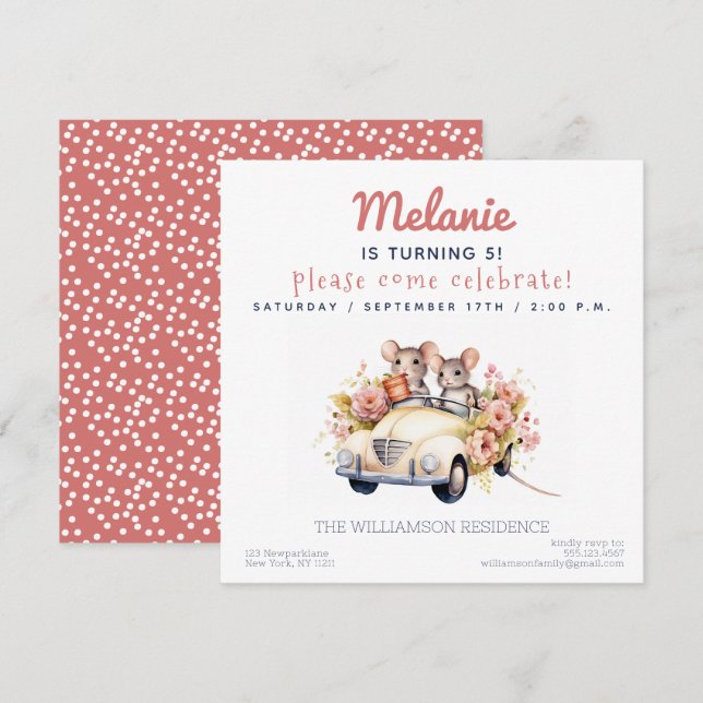 Niedliche Mäuse in einer Auto-Kindergeburtstag-Par Einladung (Vorne/Hinten)