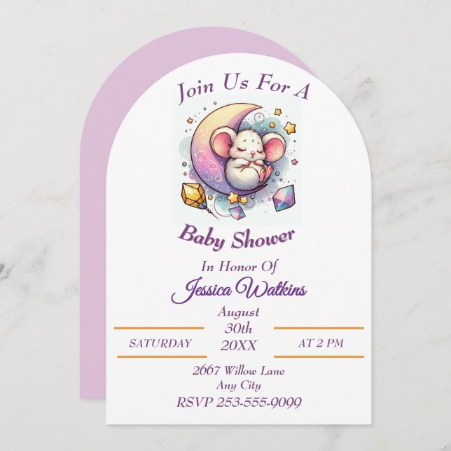 Niedliche Mauseschlafen auf einer Half-Mond-Babydu Einladung (Vorne/Hinten)