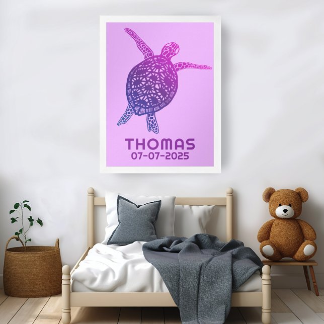 Niedliche Meeresschildkröte CUSTOM BABY NAME BIRTH Poster (Cute Sea Turtle CUSTOM BABY NAME BIRTHDAY Art Poster
)