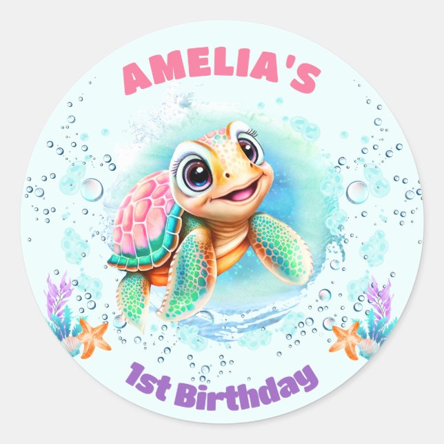 Niedliche Meeresschildkröte Farbenfrohe Girl 1. Ge Runder Aufkleber (Vorderseite)