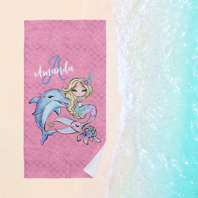 Niedliche Meerjungfrau in Rosa Strandtuch (Pink Cute Mermaid Custom Girl Beach Towel
)