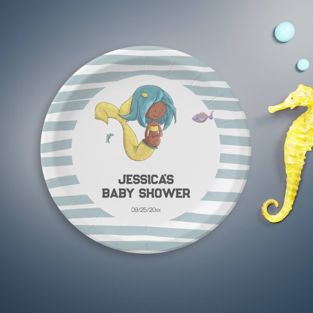 Niedliche Meerjungfrau Pappteller (Cute Mermaid Baby Shower Paper Plates with Black Pregnant Mermaid)