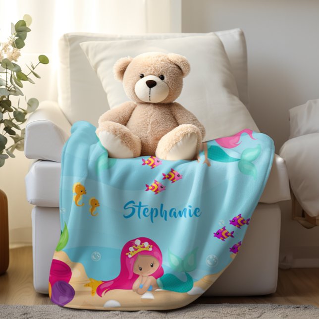 Niedliche Meerjungfrau Personalisiert Fleecedecke (Cute Mermaid Personalized Girly Under the Sea Fleece Blanket)