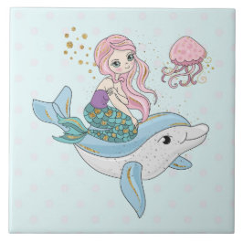 Niedliche Meerjungfrau Reiten auf einem Dolphin Fliese