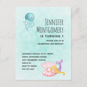 Niedliche Meerjungfrau unter Meereswasserfarbe Geb Einladungspostkarte