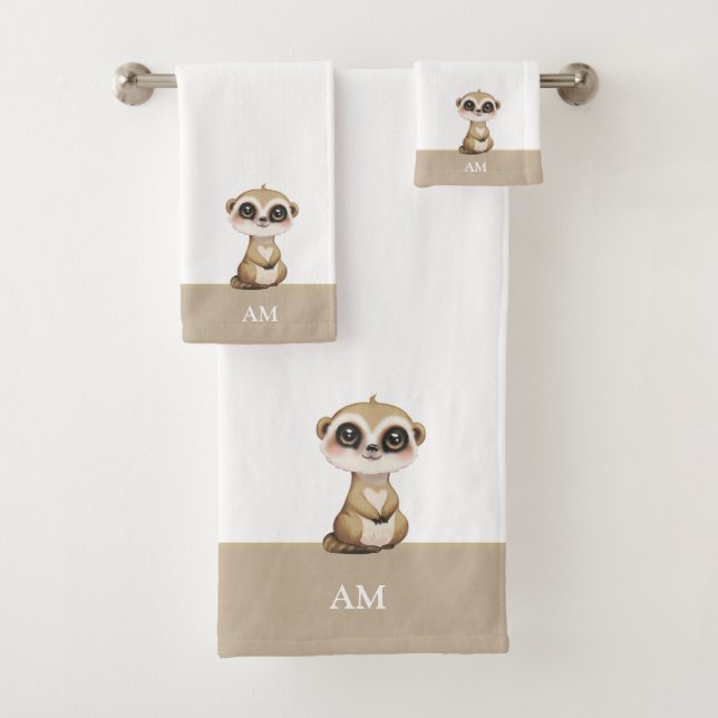 Niedliche Meerkat & Monogramm auf Beige & Weiß Badhandtuch Set (Insitu)