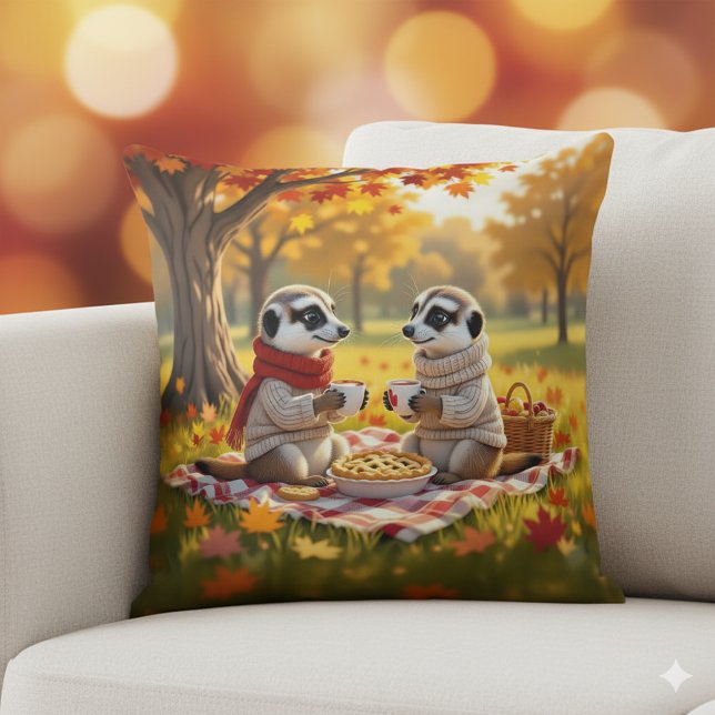 Niedliche Meerkats im Herbst Attraktion bei einem  Kissen (Meerkats in Autumn Attire Throw Pillow Cover Photo)