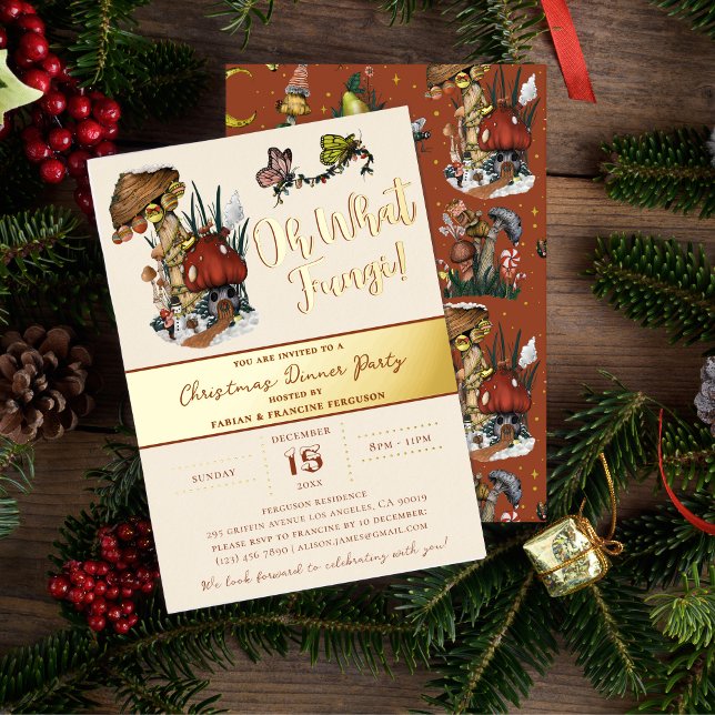 Niedliche Mercosur Mushroom House Weihnachtsfeier Folieneinladung (Real Gold Foil Magical Mushroom Christmas Dinner Party Invitations)