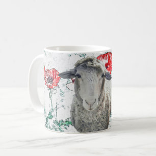 Niedliche Merino Sheep Animal Red Poppy Blume Kaffeetasse