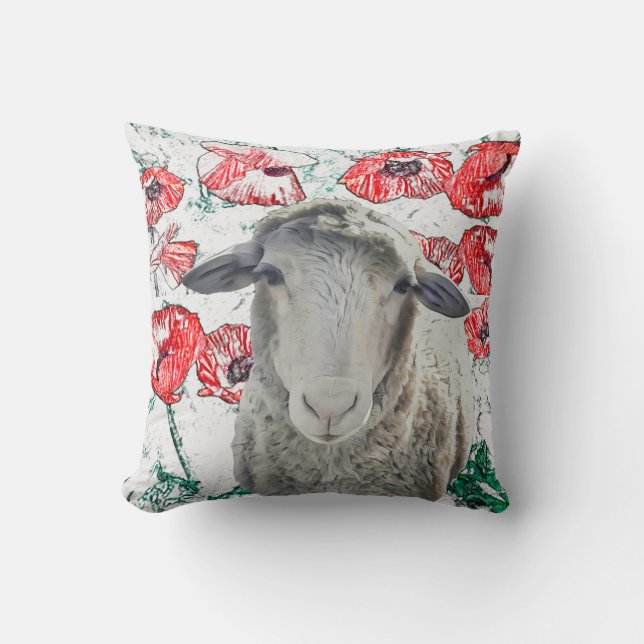 Niedliche Merino Sheep Animal Red Poppy Blume Kissen (Vorderseite)